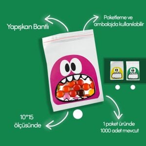 Canavar Baskılı Yapışkan Bantlı OPP Jelatin Torba Pembe 10x15 cm 1000 Adet