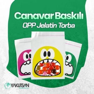 Canavar Baskılı Yapışkan Bantlı OPP Jelatin Torba Yeşil 10x15 cm 1000 Adet